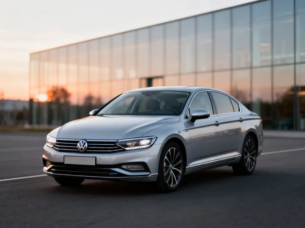 Srebrny Volkswagen Passat B8 zaparkowany na tle nowoczesnego budynku w świetle zachodzącego słońca.