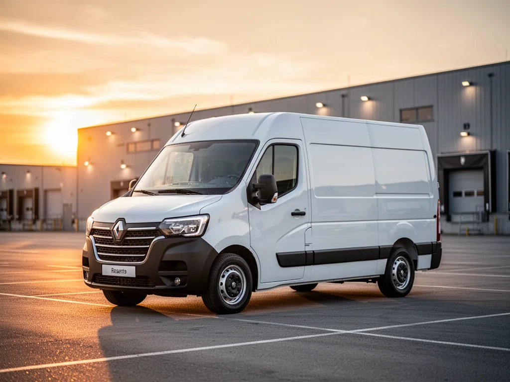 Nowoczesny biały Renault Master zaparkowany na tle logistycznego magazynu podczas zachodu słońca.