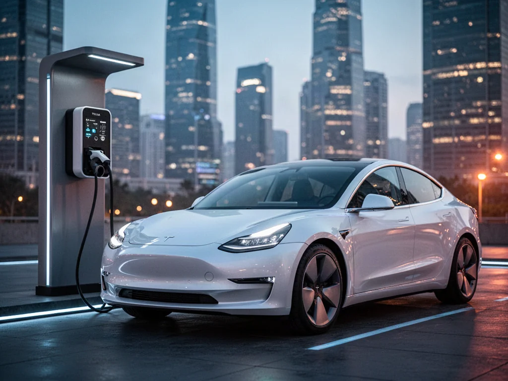 Biały samochód elektryczny ładowany na nowoczesnej stacji w tle miejskiego krajobrazu o zmierzchu.