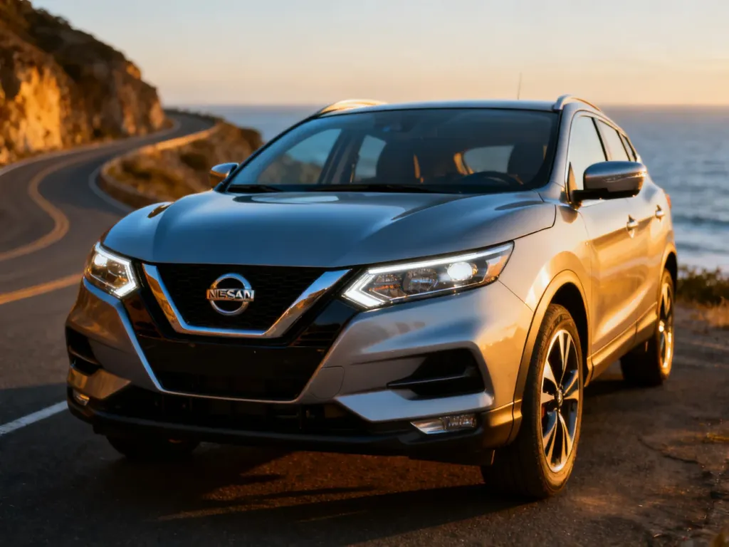 Srebrny Nissan Qashqai zaparkowany na malowniczej nadmorskiej drodze podczas złotej godziny.