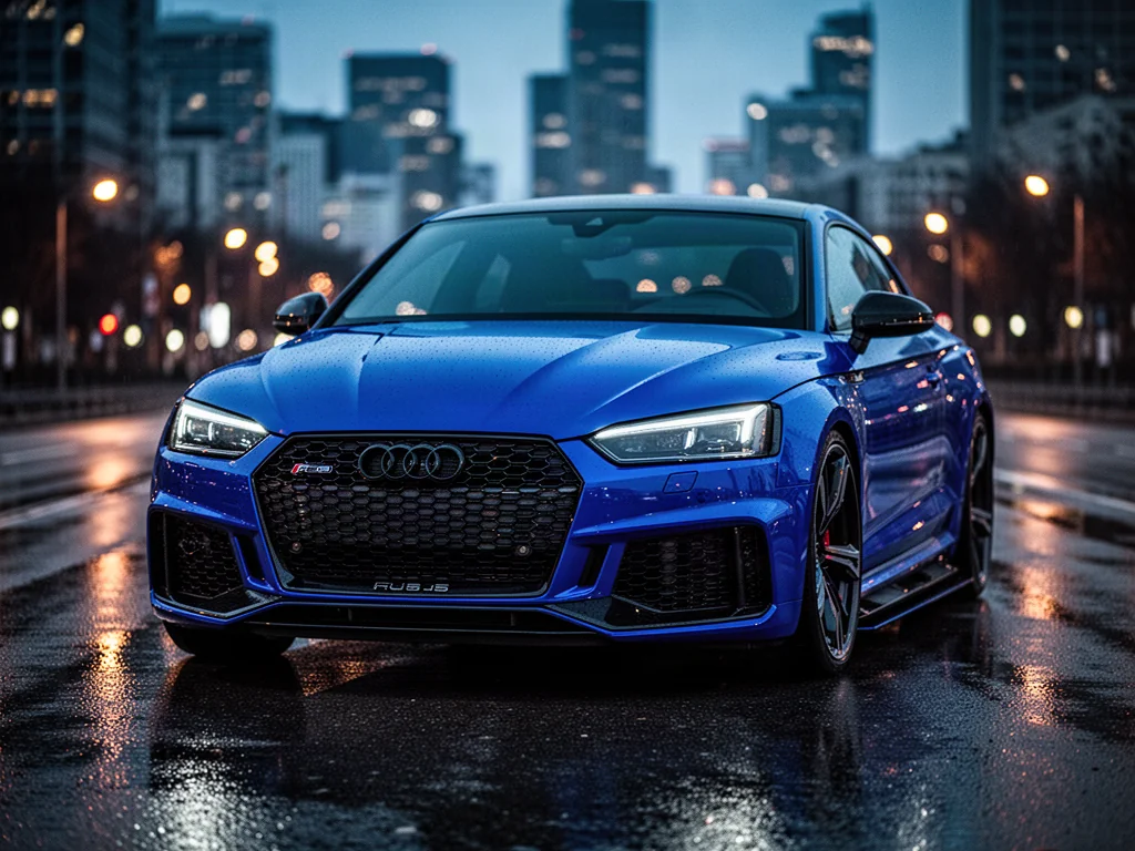 Niebieskie Audi RS5 zaparkowane na mokrym asfalcie o zmierzchu, z wyraźnie zaznaczonym agresywnym przodem i światłami LED.