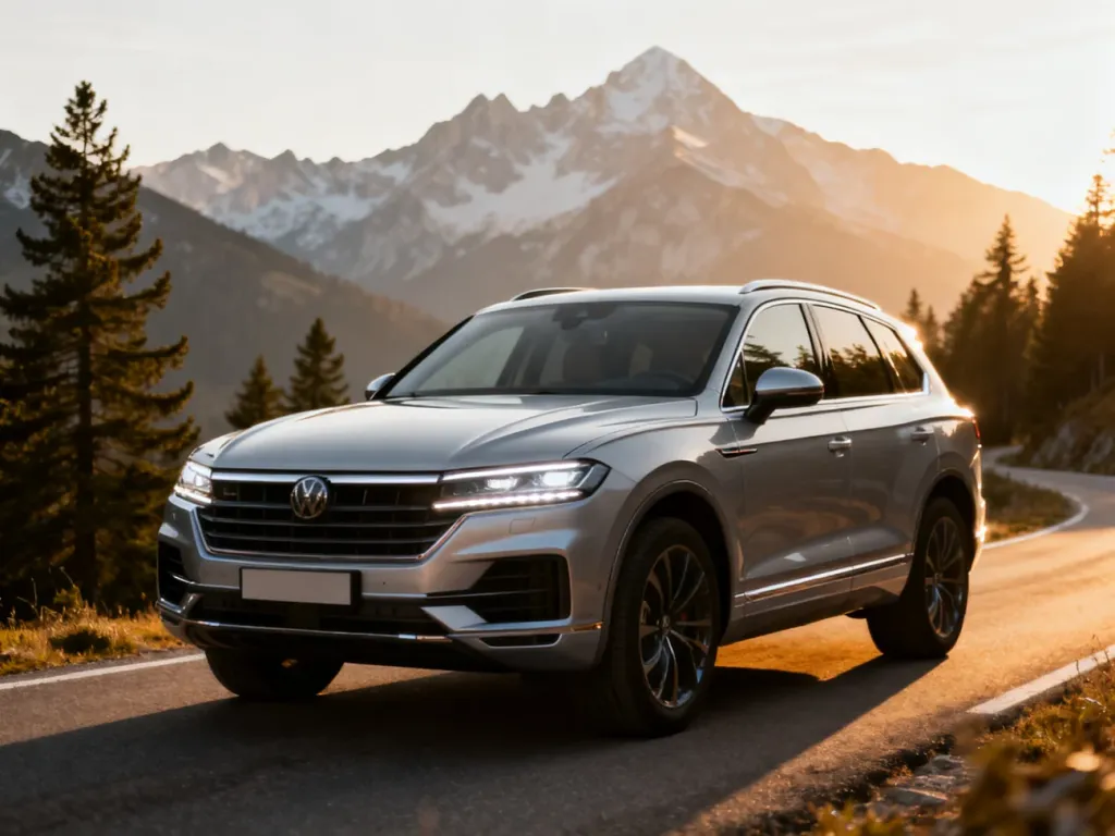 Srebrna Skoda Kodiaq zaparkowana na górskiej drodze w blasku zachodzącego słońca, podkreślająca nowoczesny design SUV-a.