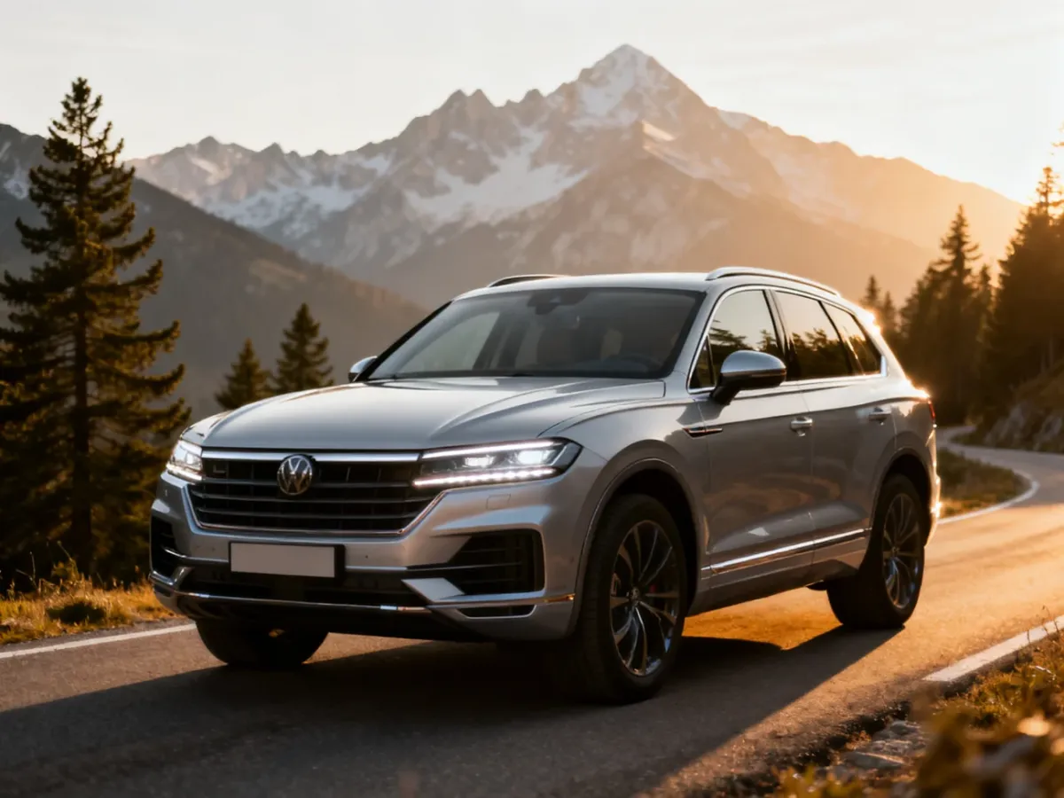 Srebrna Skoda Kodiaq zaparkowana na górskiej drodze w blasku zachodzącego słońca, podkreślająca nowoczesny design SUV-a.