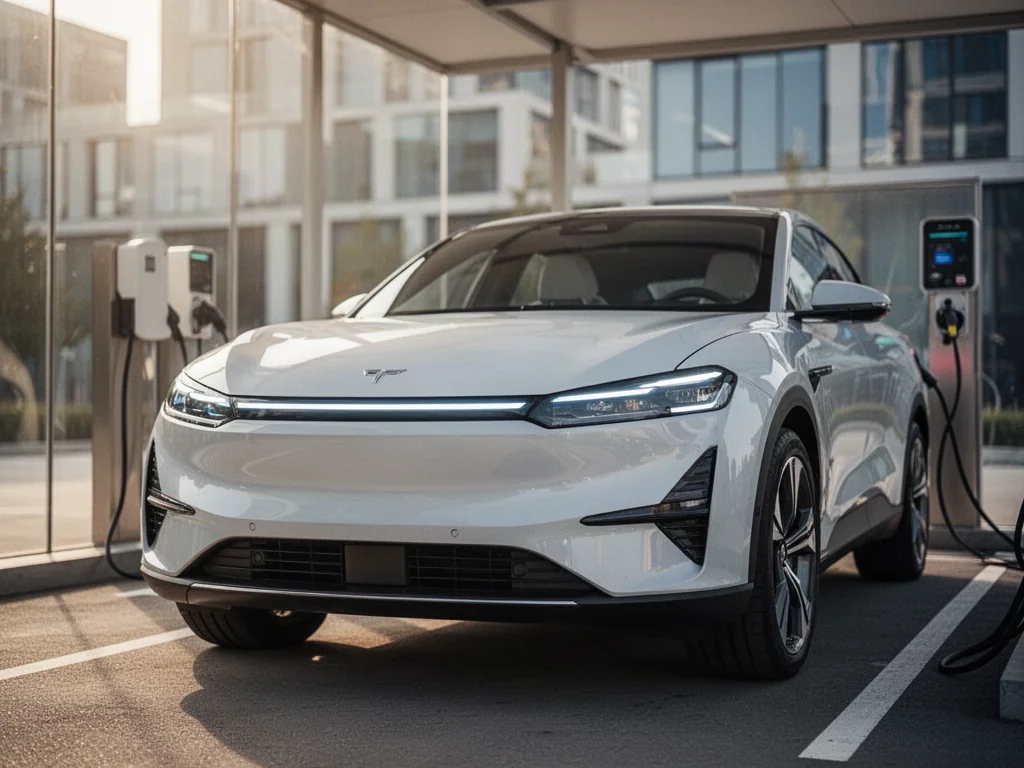 Nowoczesny, biały SUV elektryczny marki Izera zaparkowany przy stacji ładowania w słonecznej, miejskiej scenerii.