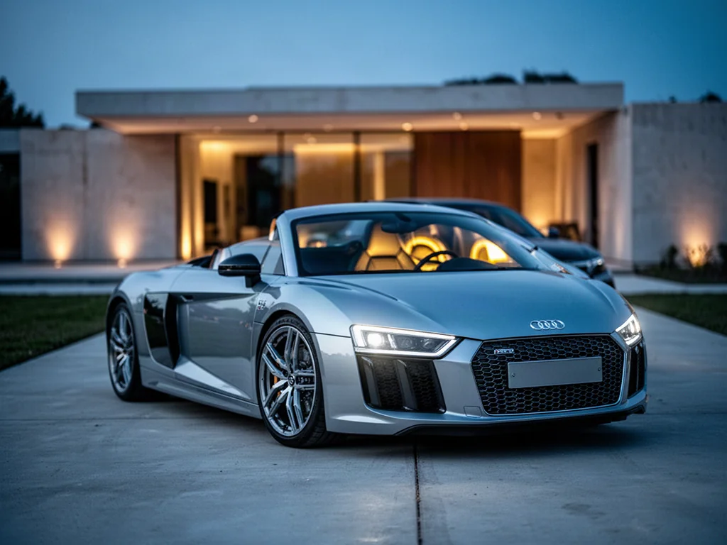Srebrne Audi R8 zaparkowane na nowoczesnym podjeździe o zmierzchu, podkreślające aerodynamiczną sylwetkę samochodu.