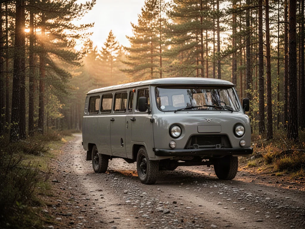 Klasyczny UAZ 452 zaparkowany na leśnej drodze w promieniach zachodzącego słońca.
