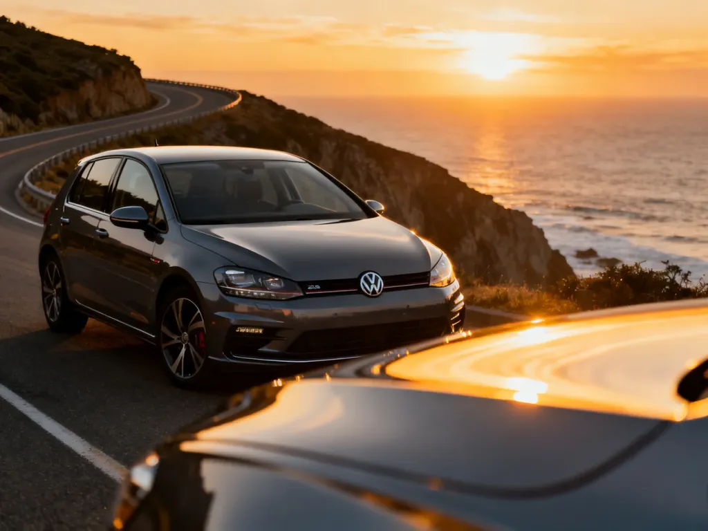 Nowoczesny Volkswagen Golf zaparkowany na malowniczej nadmorskiej drodze podczas zachodu słońca.