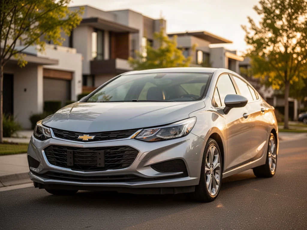 Srebrny Chevrolet Cruze zaparkowany na nowoczesnym osiedlu w świetle zachodzącego słońca. Widok z przodu na karoserię auta.