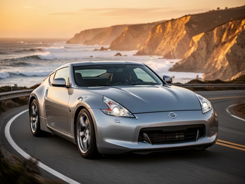 Srebrny Nissan 370Z zaparkowany na krętej nadmorskiej drodze podczas zachodu słońca, podkreślający sportową sylwetkę auta.