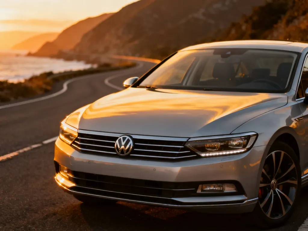 Srebrny Volkswagen Passat zaparkowany na malowniczej nadmorskiej drodze podczas zachodu słońca.