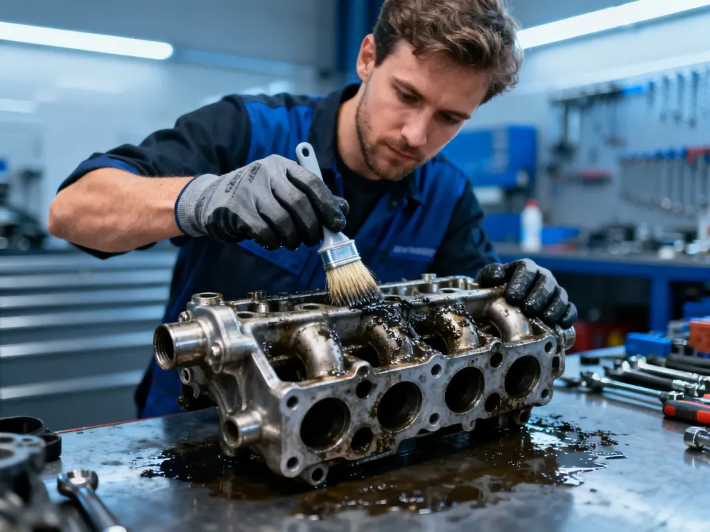Mechanik w rękawicach ochronnych czyści pędzelkiem zdemontowany kolektor dolotowy w profesjonalnym warsztacie.