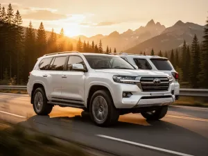 Srebrny Volkswagen Tiguan zaparkowany na nowoczesnej ulicy w świetle zachodzącego słońca.