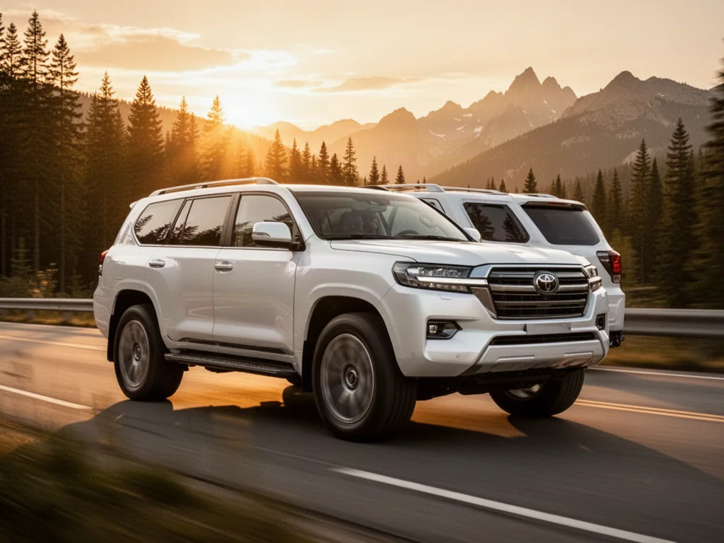 Biały Ford Expedition jadący górską drogą w świetle zachodzącego słońca, podkreślający masywną sylwetkę pojazdu.