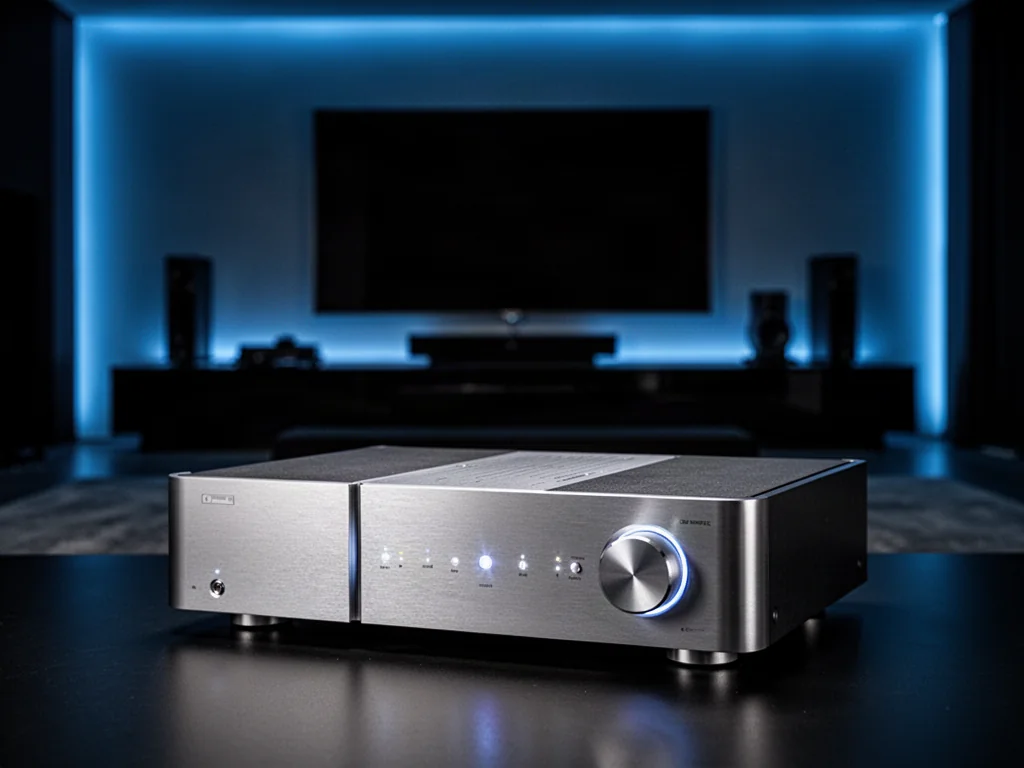 Nowoczesny wzmacniacz audio Maextro s800 o eleganckim, metalicznym wykończeniu w profesjonalnym oświetleniu studyjnym.