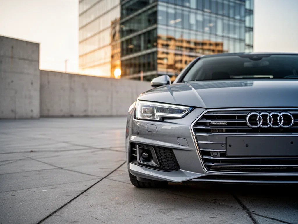 Srebrne Audi A4 B9 zaparkowane na nowoczesnym placu w świetle zachodzącego słońca, eksponujące detale przedniego reflektora.