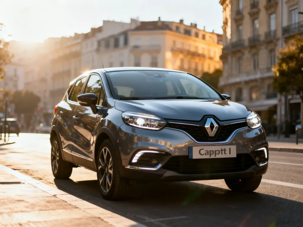 Nowoczesny crossover Renault Captur I zaparkowany na słonecznej, europejskiej ulicy.