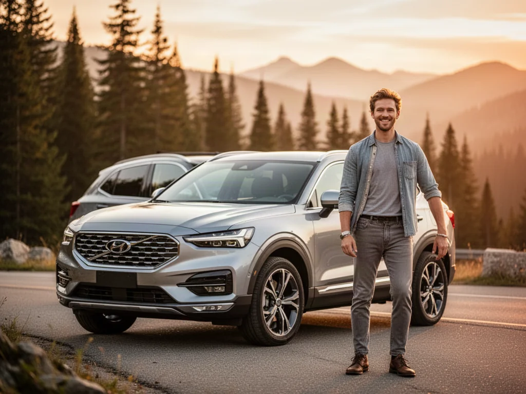 Srebrny Opel Crossland zaparkowany na górskiej drodze o zachodzie słońca, obok którego stoi uśmiechnięty kierowca.