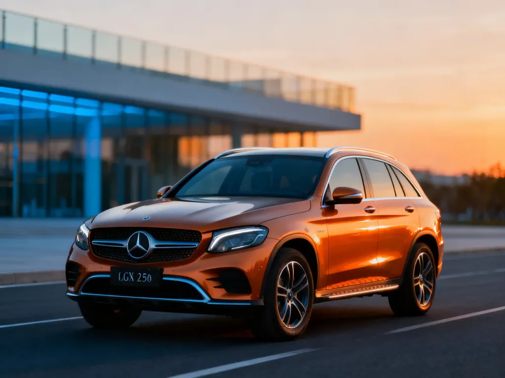 Mercedes-Benz GLC X253 zaparkowany na drodze w świetle zachodzącego słońca, podkreślającym elegancką sylwetkę SUV-a.