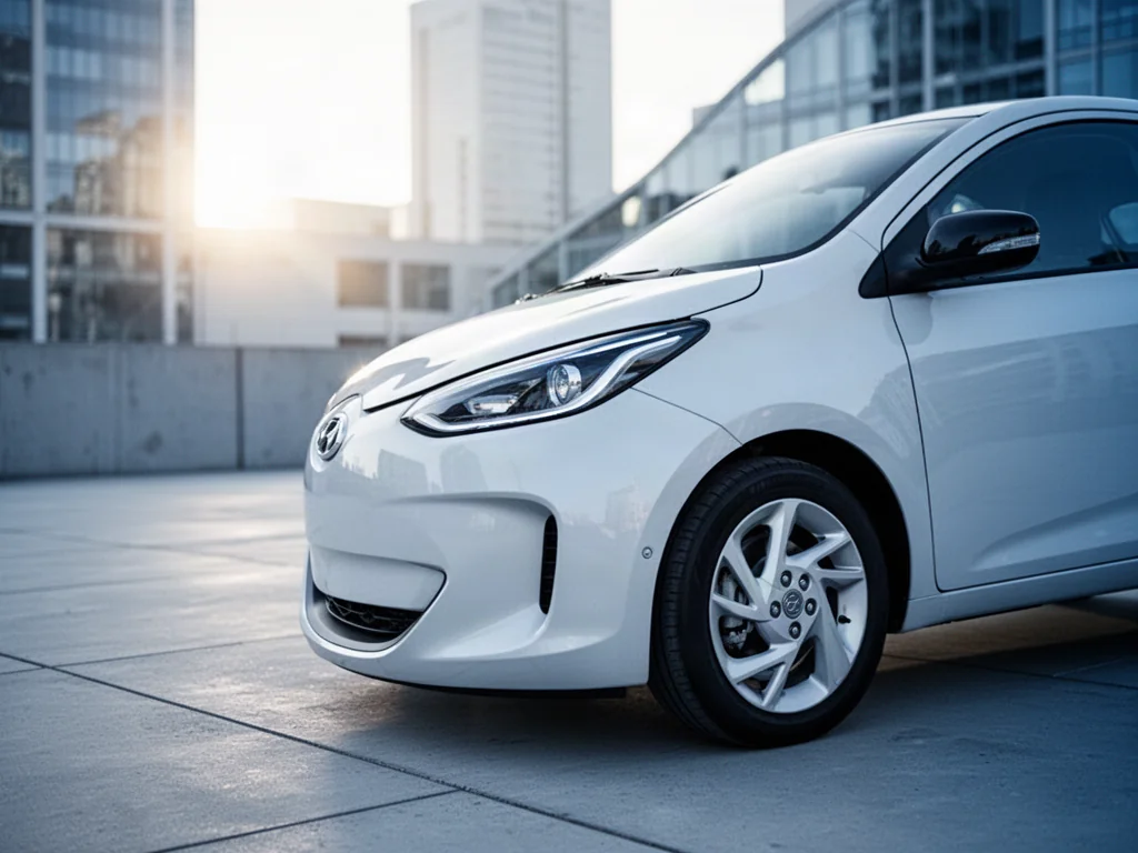 Biały Volkswagen up zaparkowany na minimalistycznym tle, prezentujący nowoczesny design przedniego pasa pojazdu.