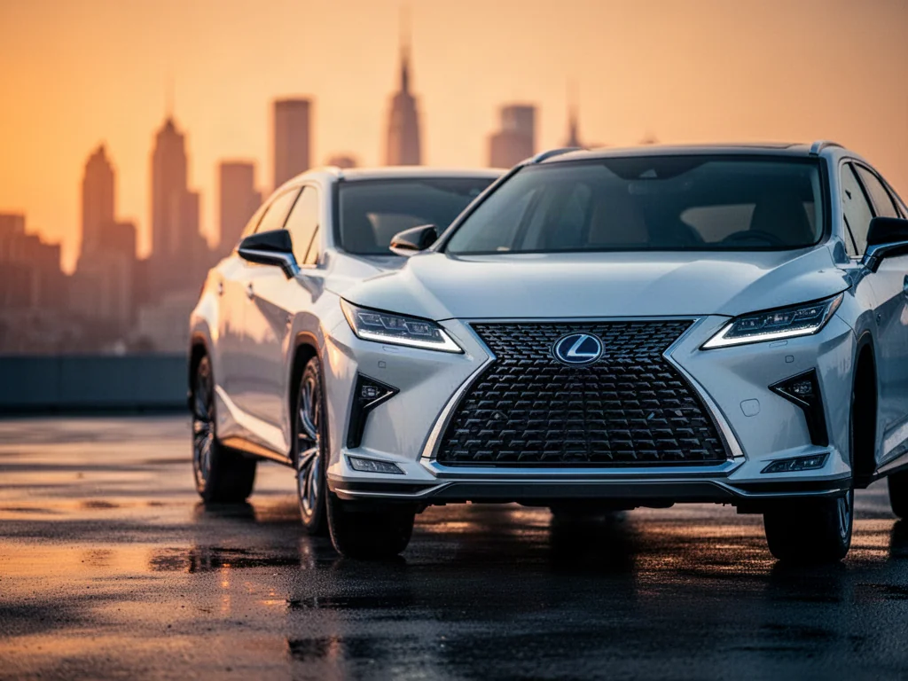 Biały Lexus RX 350h zaparkowany na miejskim tle podczas zachodu słońca, podkreślający nowoczesny design i reflektory LED.