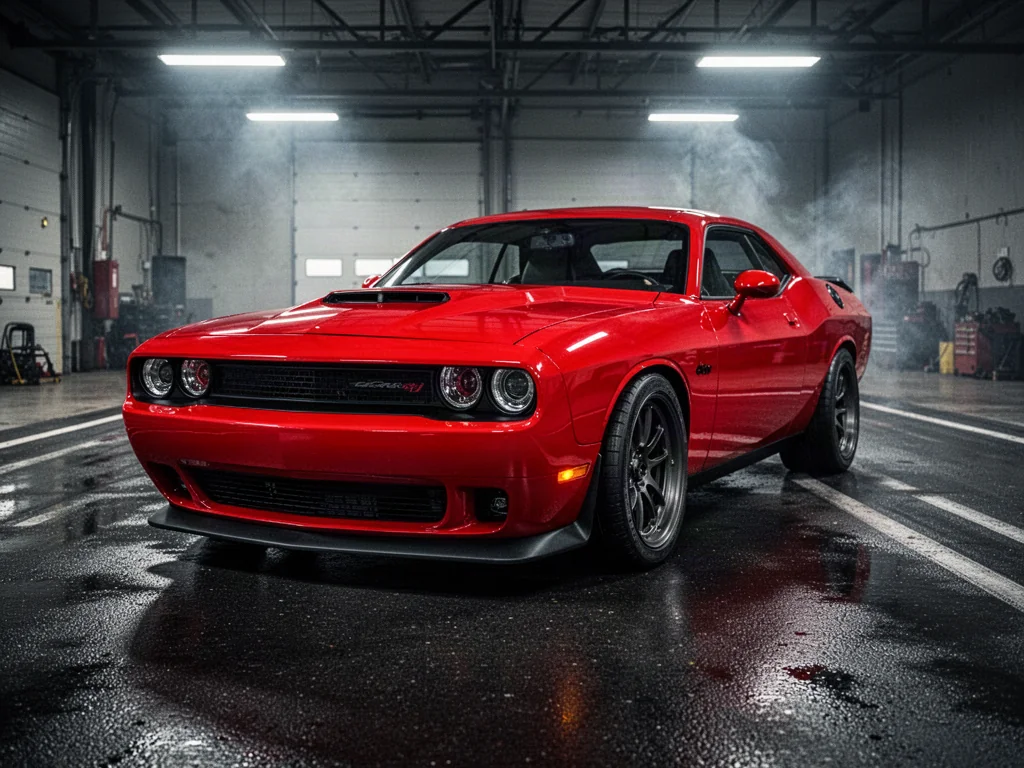 Czerwony Dodge Demon zaparkowany na mokrym torze w klimatycznym garażu, podkreślający agresywną stylistykę muscle cara.