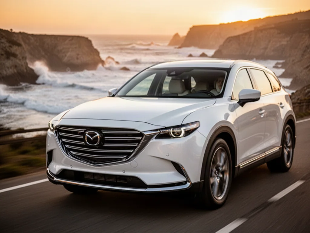 Biała Mazda CX-9 zaparkowana na malowniczej nadmorskiej drodze podczas zachodu słońca.