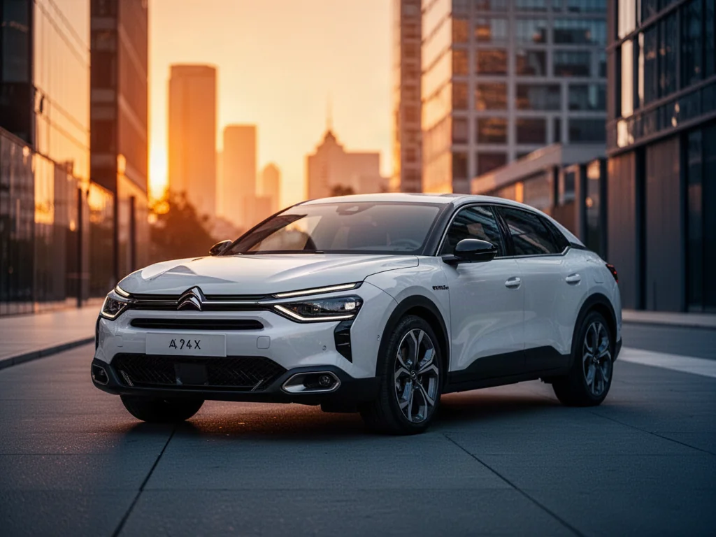Biały Citroën C4X zaparkowany na nowoczesnej ulicy w świetle zachodzącego słońca, podkreślającym jego elegancką sylwetkę.
