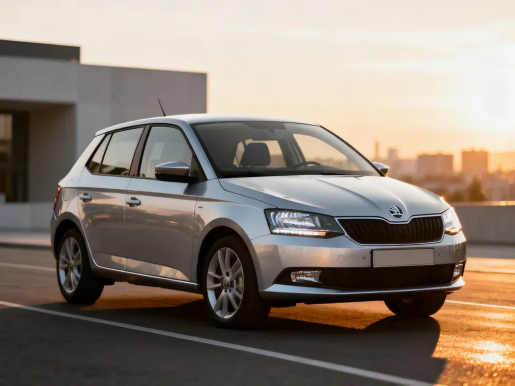Srebrna Skoda Fabia III zaparkowana na tle nowoczesnej architektury miejskiej w świetle zachodzącego słońca.