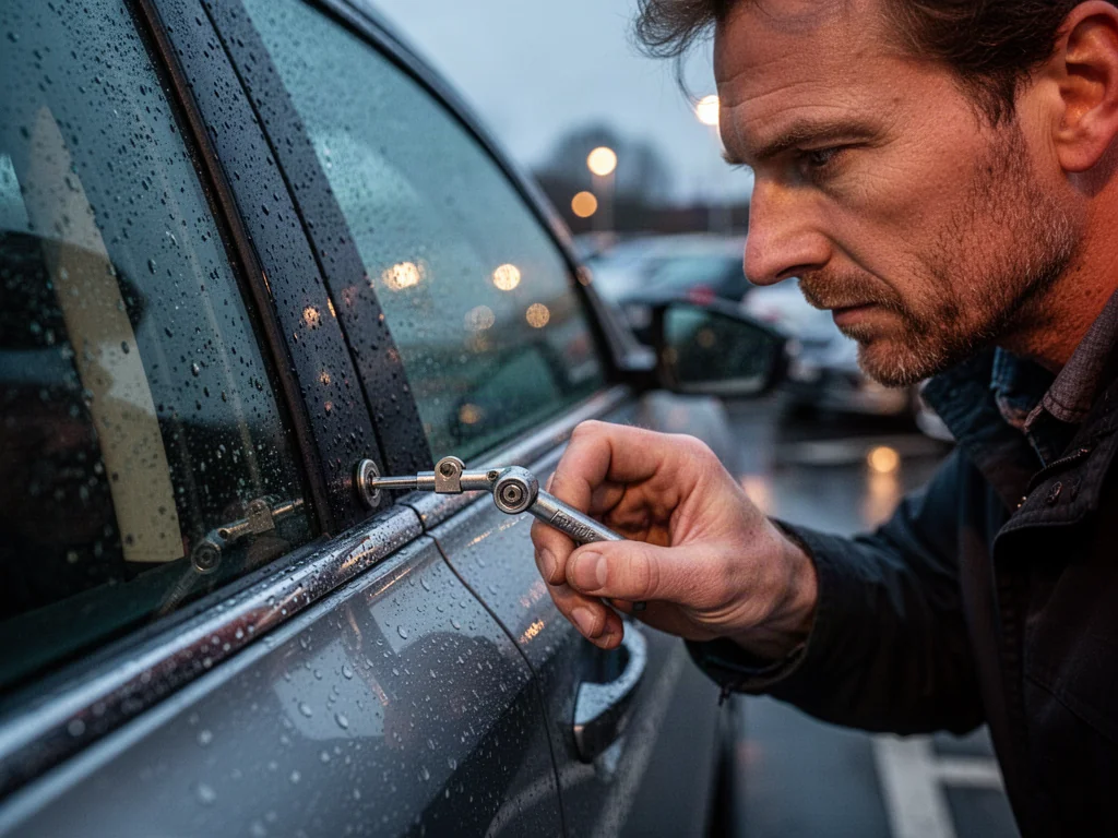 Specjalista używa profesjonalnego narzędzia do awaryjnego otwierania drzwi nowoczesnego samochodu w deszczowy wieczór.