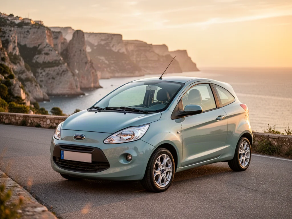 Ford Ka zaparkowany na malowniczej nadmorskiej drodze podczas zachodu słońca, prezentujący swój charakterystyczny wygląd.