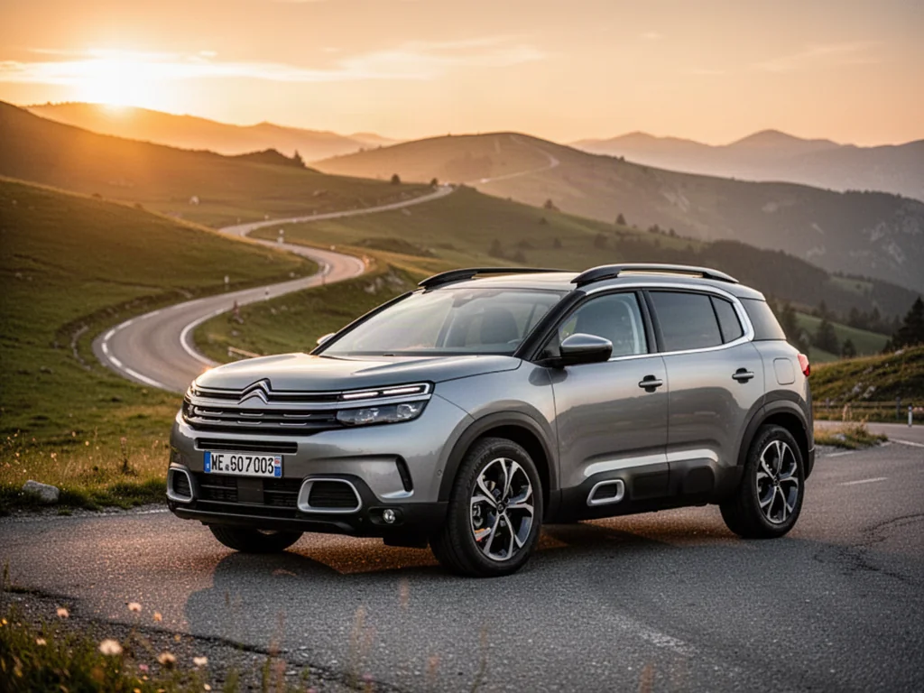 Srebrny Citroën C5 Aircross zaparkowany na malowniczej górskiej drodze w świetle zachodzącego słońca.