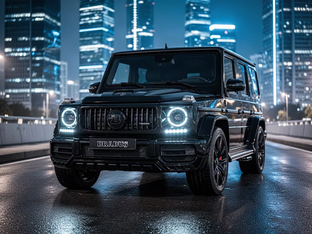 Czarny, zmodyfikowany Brabus G-Wagon zaparkowany na mokrym asfalcie w nowoczesnej scenerii miejskiej nocą.