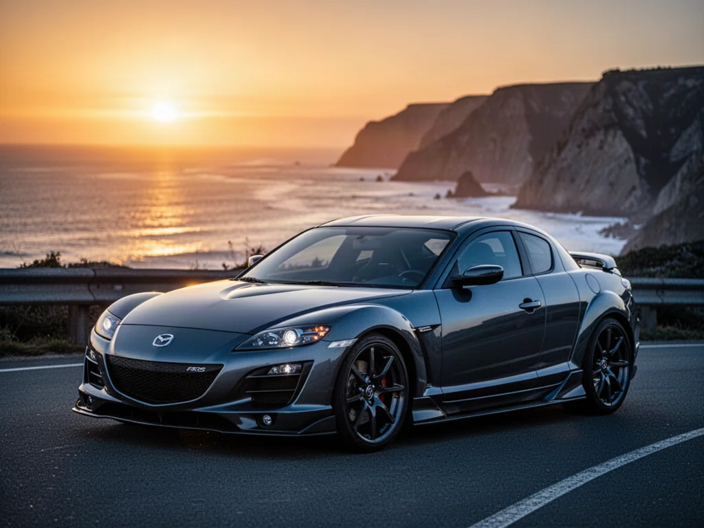 Nowoczesna Mazda RX8 zaparkowana na malowniczej nadmorskiej drodze podczas zachodu słońca.