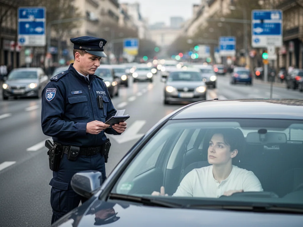 Policjant wypisujący mandat kierowcy podczas kontroli drogowej na ruchliwej ulicy.