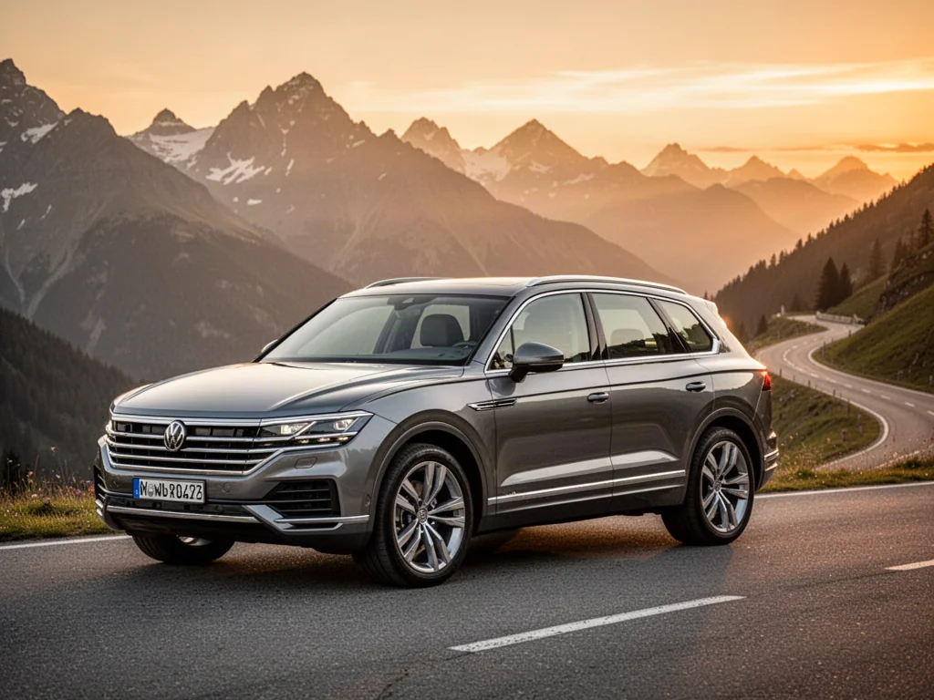 Nowoczesny Volkswagen Touareg zaparkowany na malowniczej górskiej drodze podczas zachodu słońca.