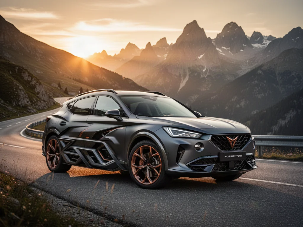 Cupra Formentor zaparkowana na górskiej drodze podczas zachodu słońca, podkreślająca nowoczesny i sportowy design auta.