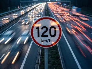 Polski radiowóz przy drodze, kierowca rozmawia z policjantem; kontrola drogowa w spokojnych miejskich warunkach.