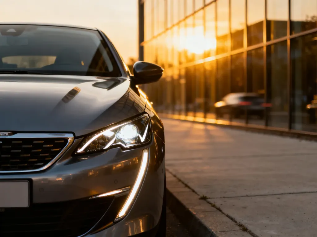 Nowoczesny Peugeot 308 III zaparkowany na tle miejskiej architektury w świetle zachodzącego słońca.