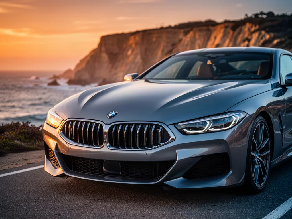 Srebrne BMW 850i zaparkowane na nadmorskiej drodze podczas zachodu słońca, podkreślające aerodynamiczną sylwetkę auta.
