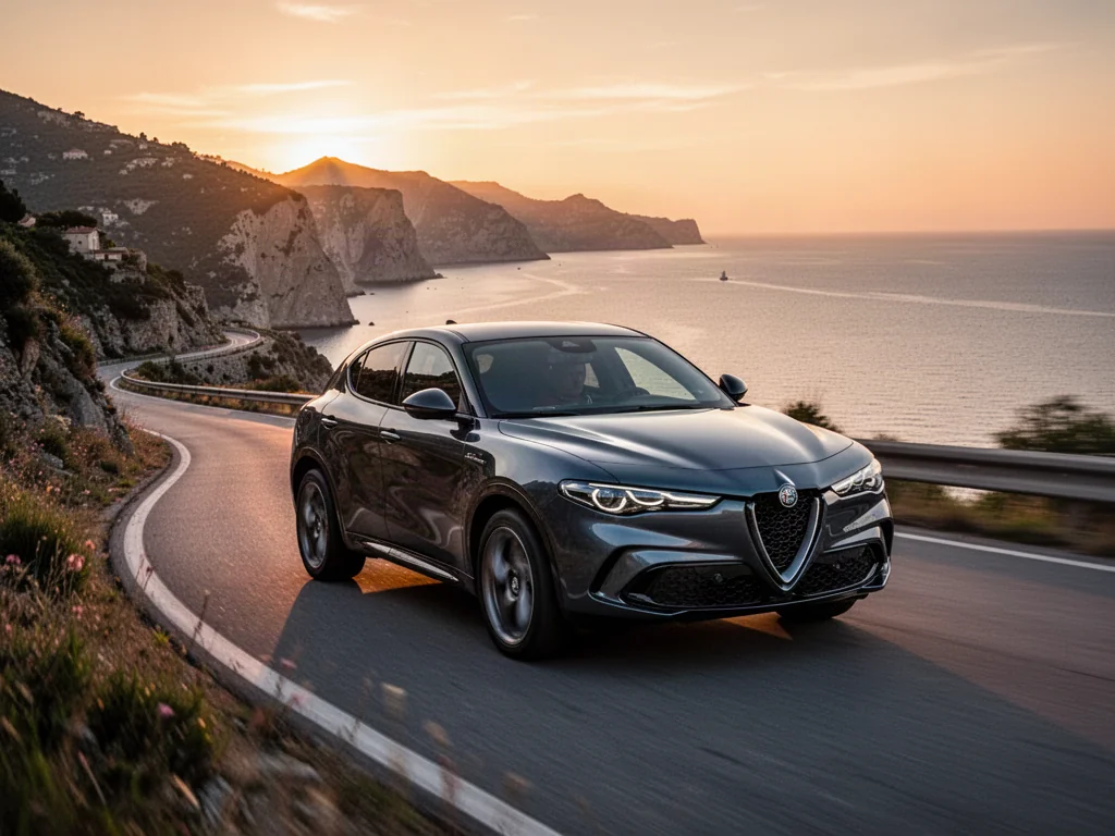 Alfa Romeo Tonale jadąca krętą drogą wzdłuż włoskiego wybrzeża w świetle zachodzącego słońca.