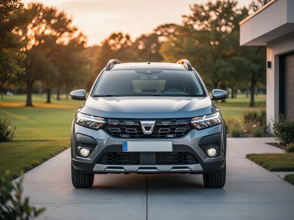 Srebrna Dacia Jogger zaparkowana na podjeździe w blasku zachodzącego słońca. Widok z przodu prezentujący nowoczesny design.