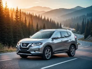 Srebrny Renault Megane zaparkowany na malowniczej nadmorskiej drodze podczas złotej godziny.