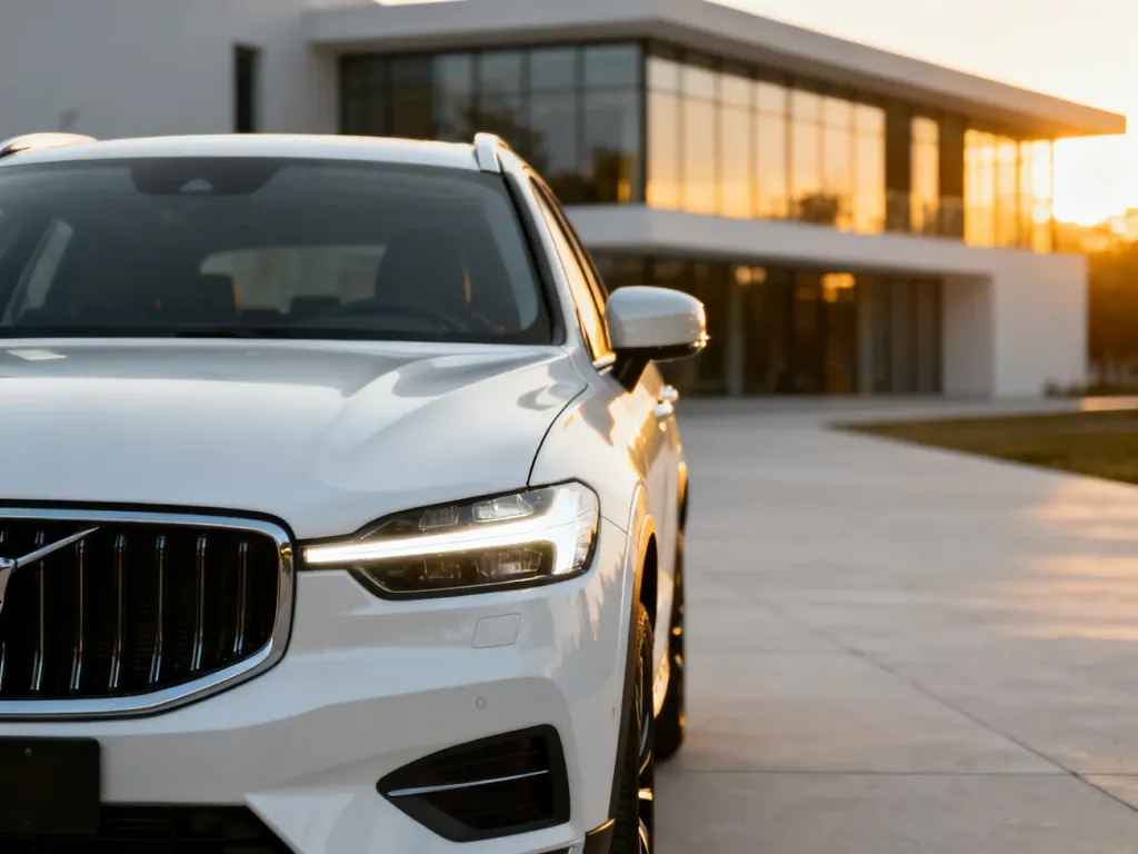 Biały SUV BMW X1 zaparkowany na nowoczesnym podjeździe w świetle zachodzącego słońca. Widok na przedni grill i reflektory LED.