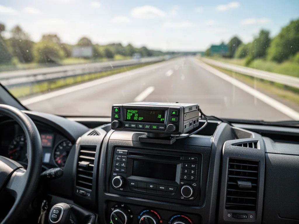 Cyfrowy tachograf zamontowany w desce rozdzielczej nowoczesnego samochodu dostawczego na tle autostrady.