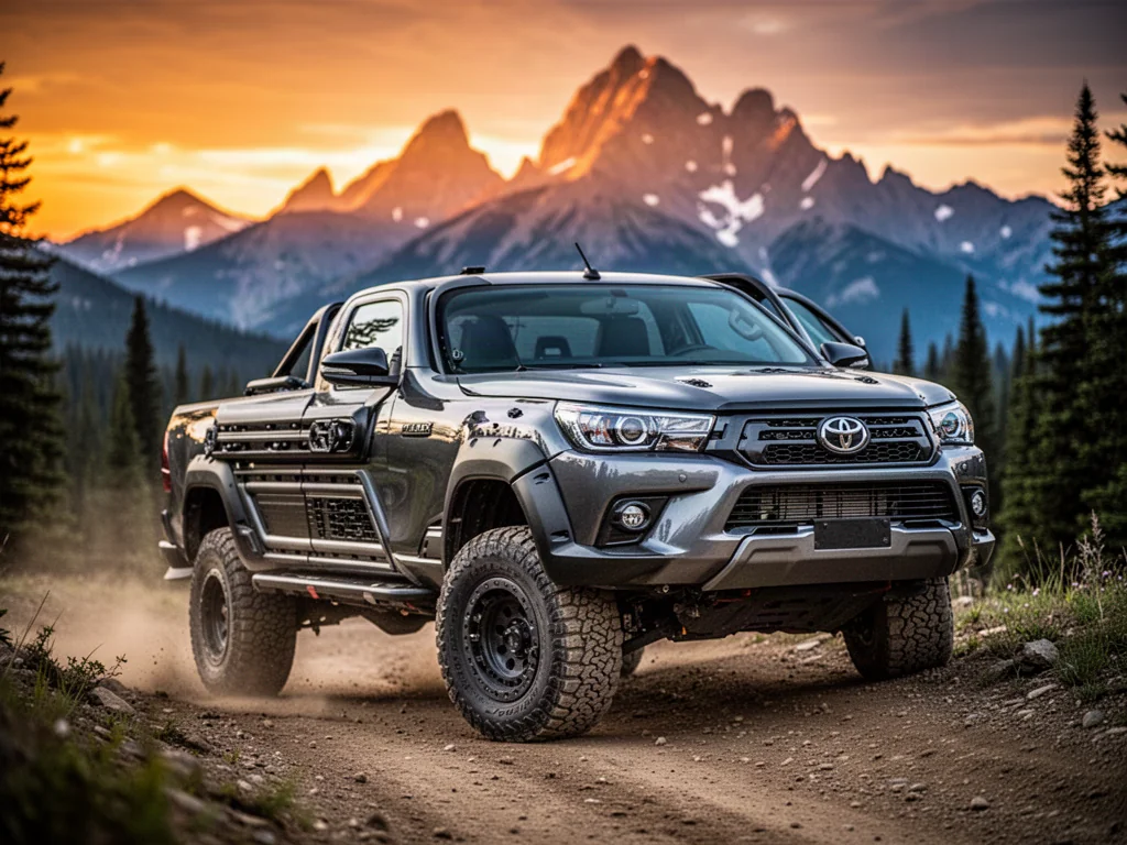 Metaliczny szary Toyota Hilux zaparkowany na górskim szlaku podczas zachodu słońca, podkreślający terenowy charakter auta.