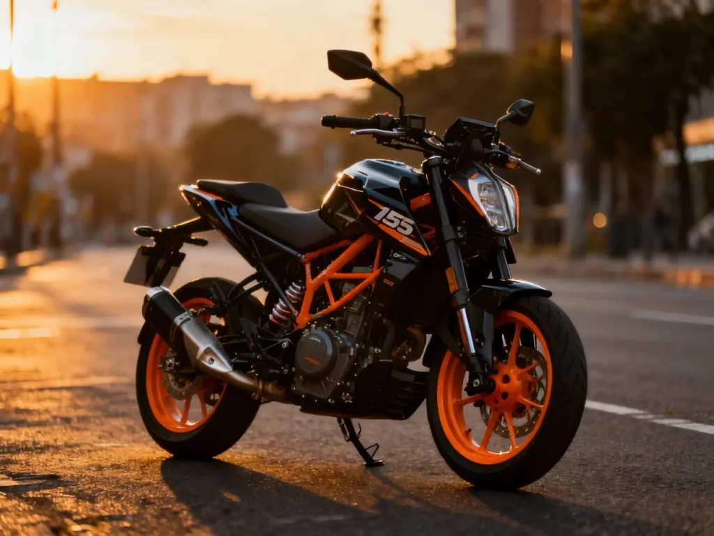 Nowoczesny motocykl Junak RX One 125 zaparkowany na miejskiej ulicy w świetle zachodzącego słońca.