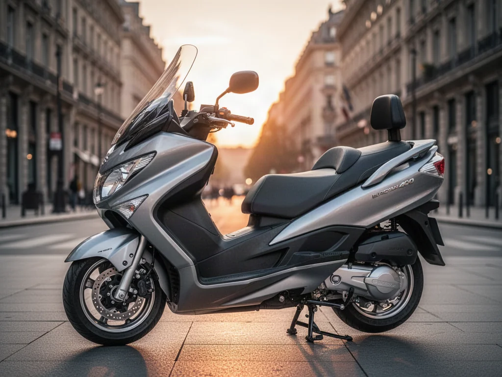 Srebrny skuter Suzuki Burgman 400 zaparkowany na miejskiej ulicy w świetle zachodzącego słońca.