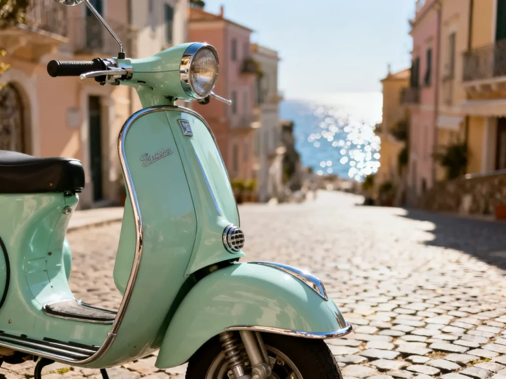 Miętowy skuter Vespa Primavera zaparkowany na słonecznej, włoskiej uliczce z widokiem na morze.