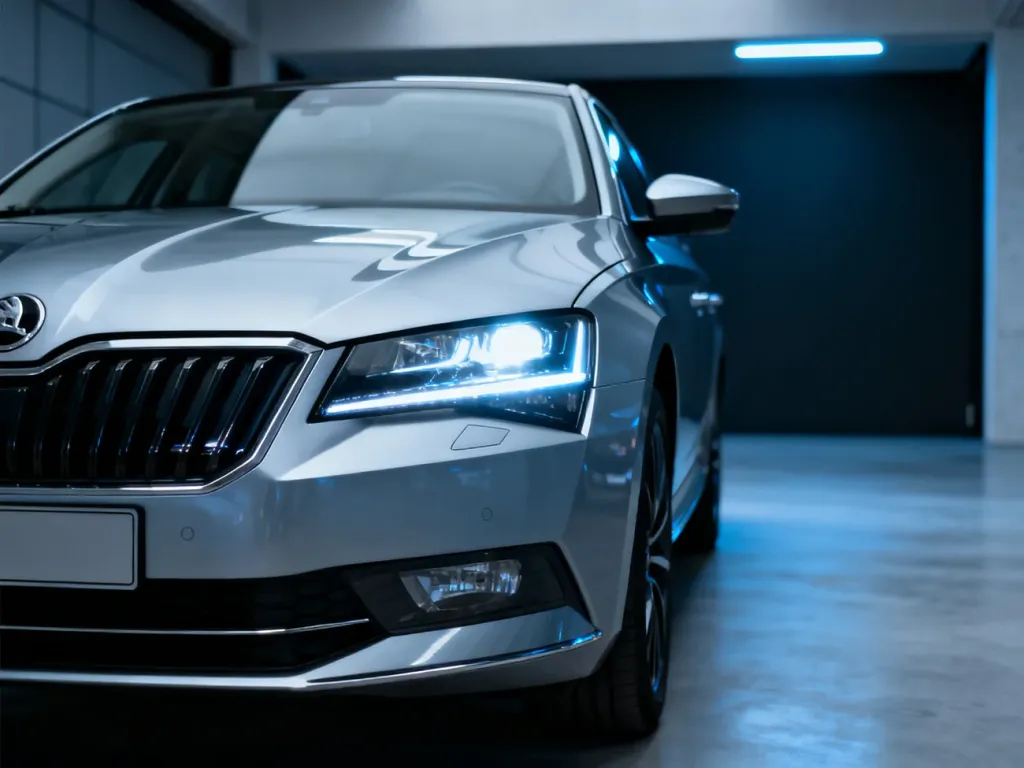 Srebrna Skoda Superb w nowoczesnym garażu, wyeksponowany przód auta z charakterystycznymi reflektorami LED.