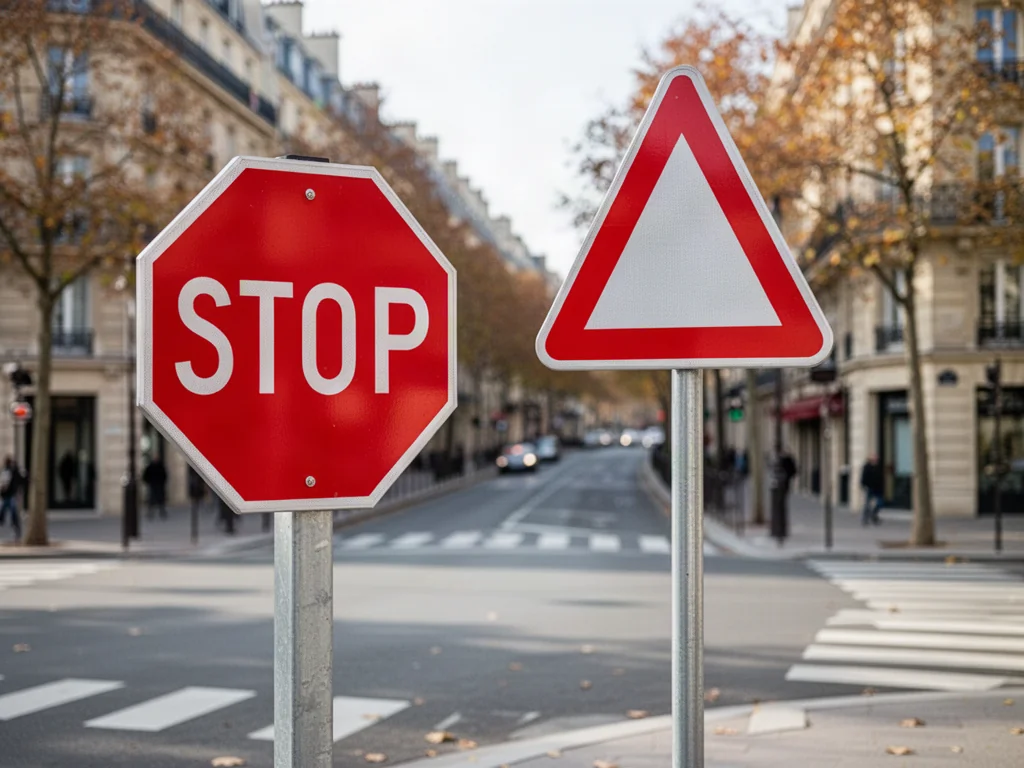 Skrzyżowanie w europejskim mieście z wyraźnie widocznymi znakami drogowymi „stop” oraz ostrzegawczym na pierwszym planie.